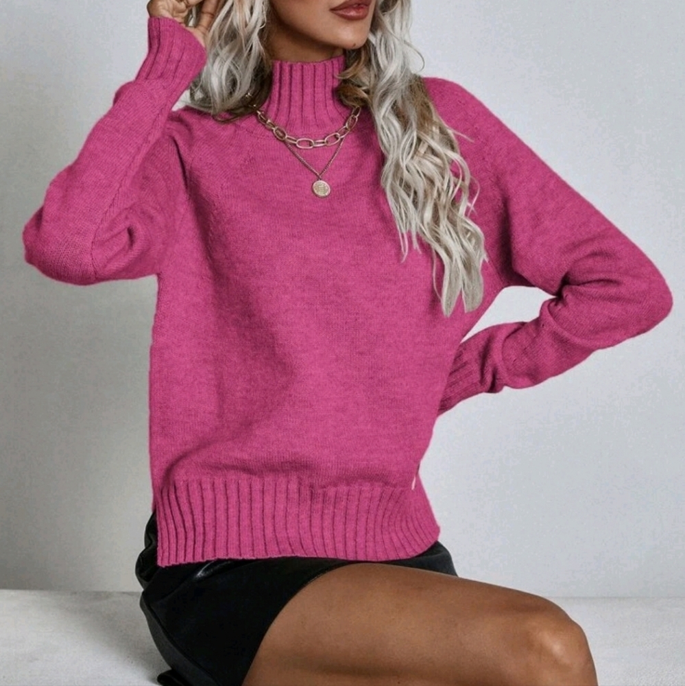 New Ribbed High Low Mock Neck Knit Sweater Top Bright Pink - Picture 4 of 9